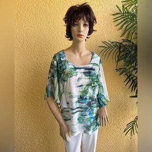 IMPULSE California green floral print top with sheer bell style sleeves